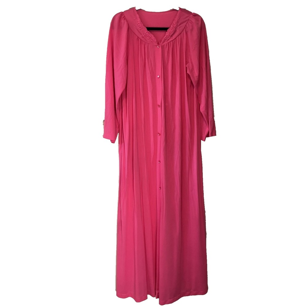 Vintage Shadowline Night Gown Hot Pink Size Medium Nylon Long Sleeve Embroidered